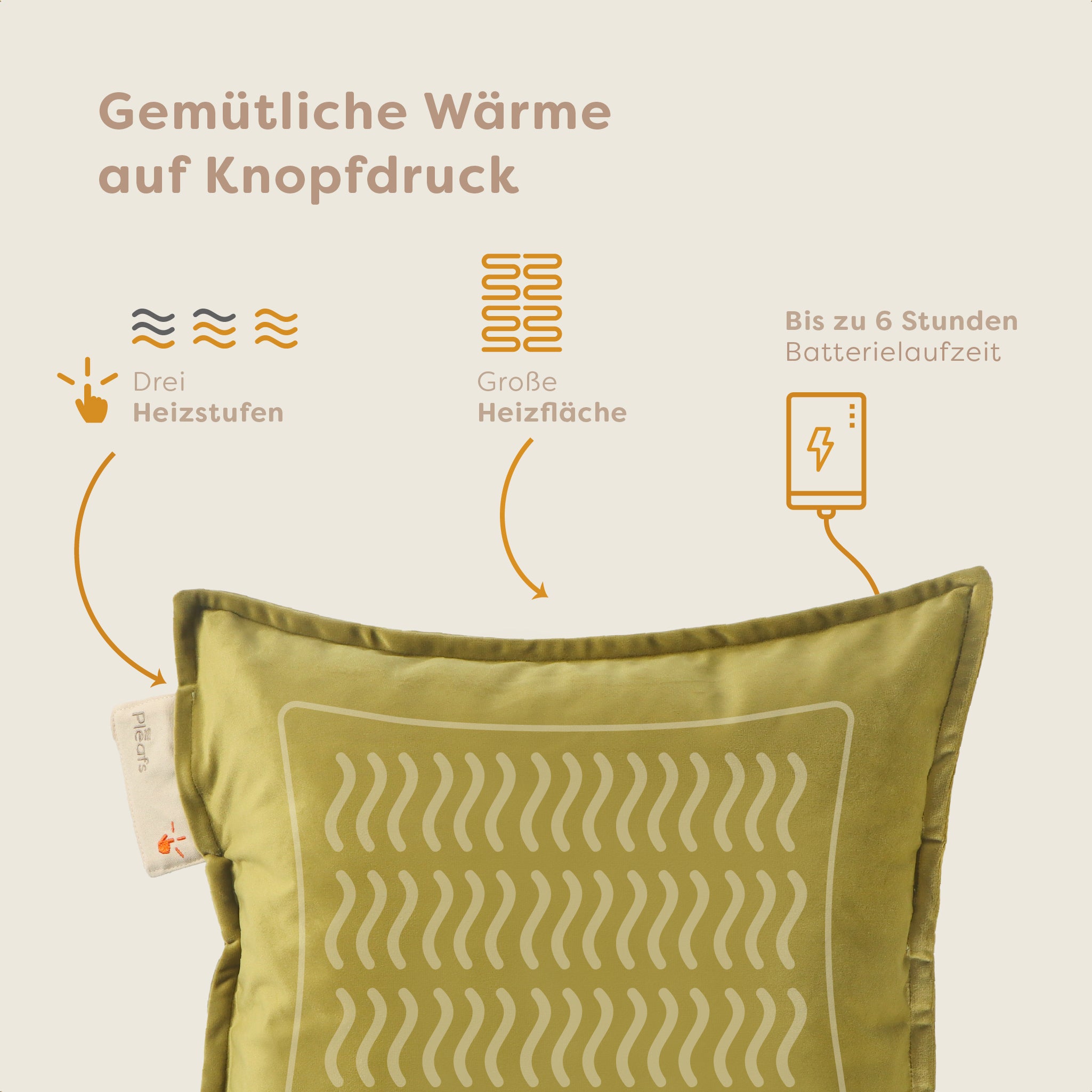 heizkissen plush kabellos elektrisch aufladbar indoor 45x45 barley-corn usp